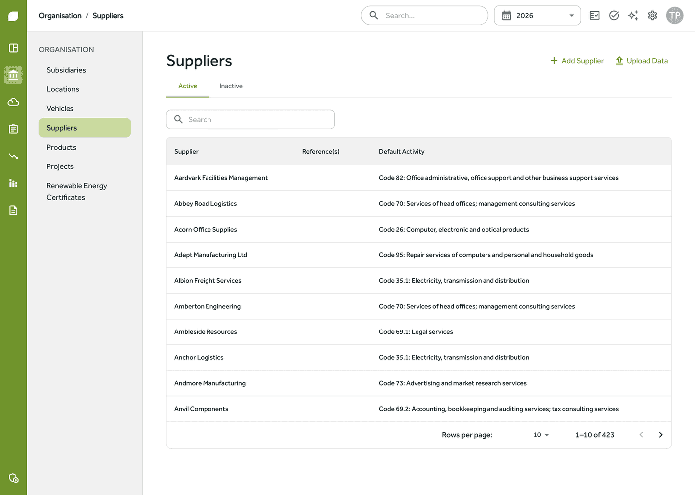 Supplier emissions data in Gaia Carbon Accounting