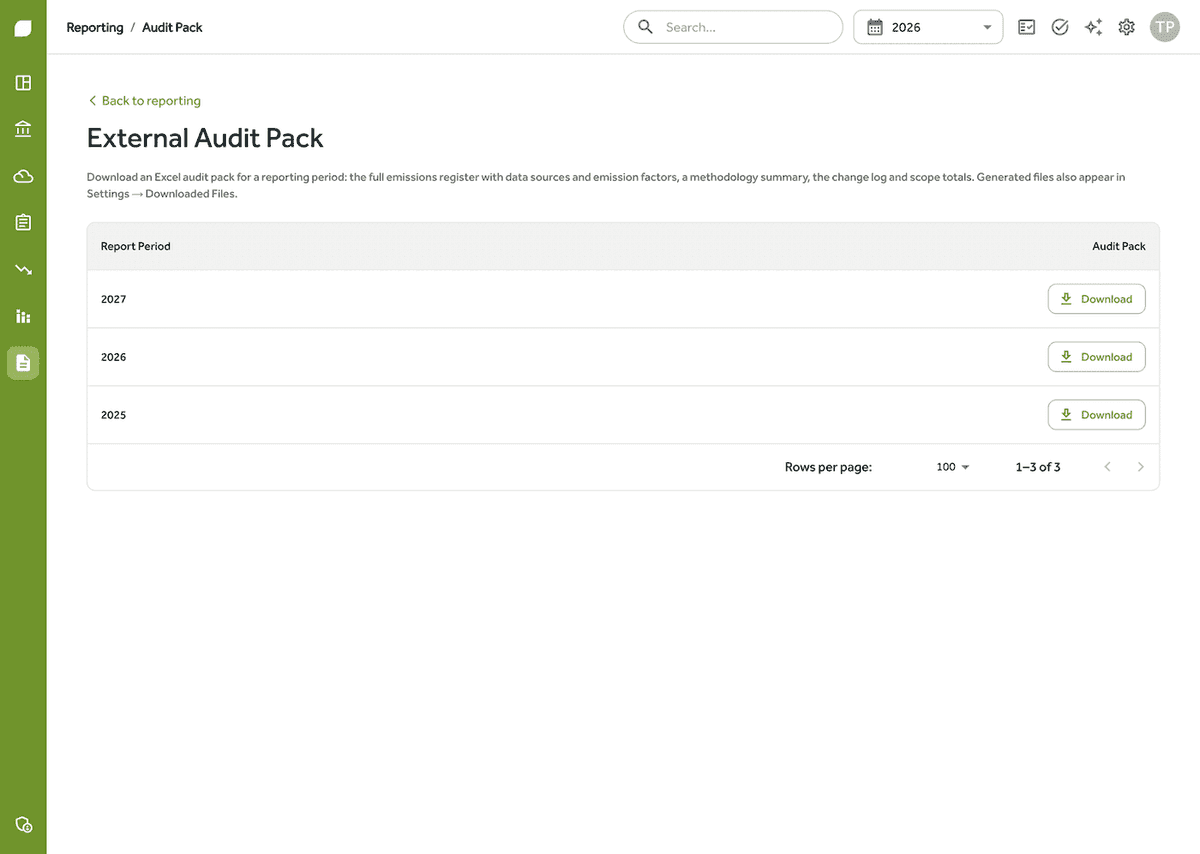 Audit pack view in Gaia Carbon Accounting