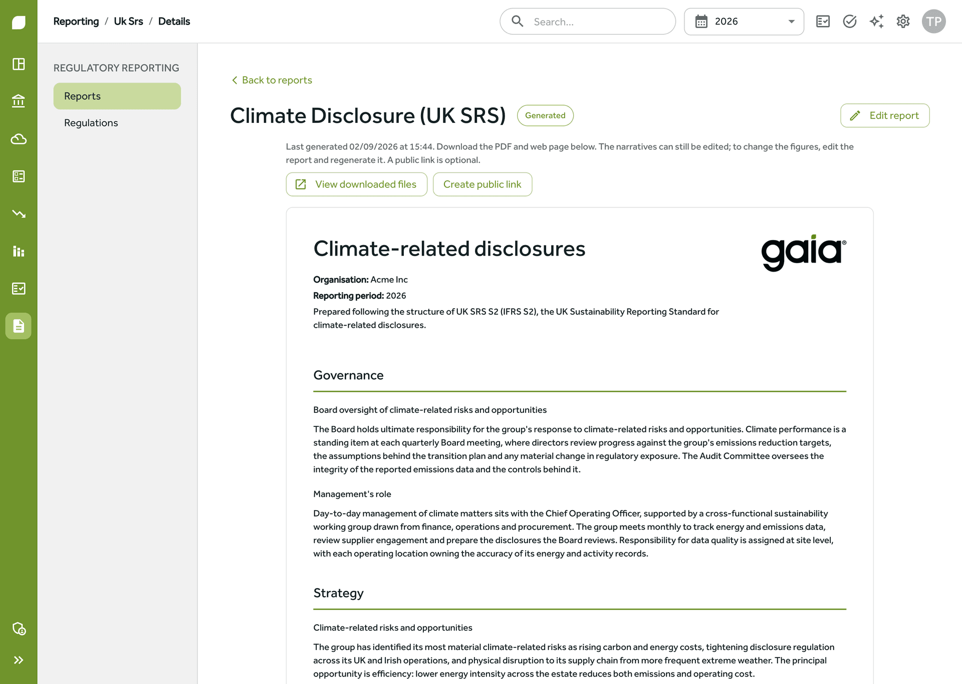 A UK SRS climate disclosure (IFRS S2) in Gaia, with the governance and strategy pillars written out in full