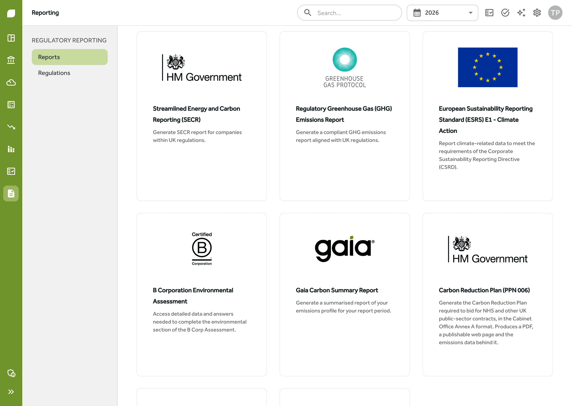 Reporting hub in Gaia Carbon Accounting