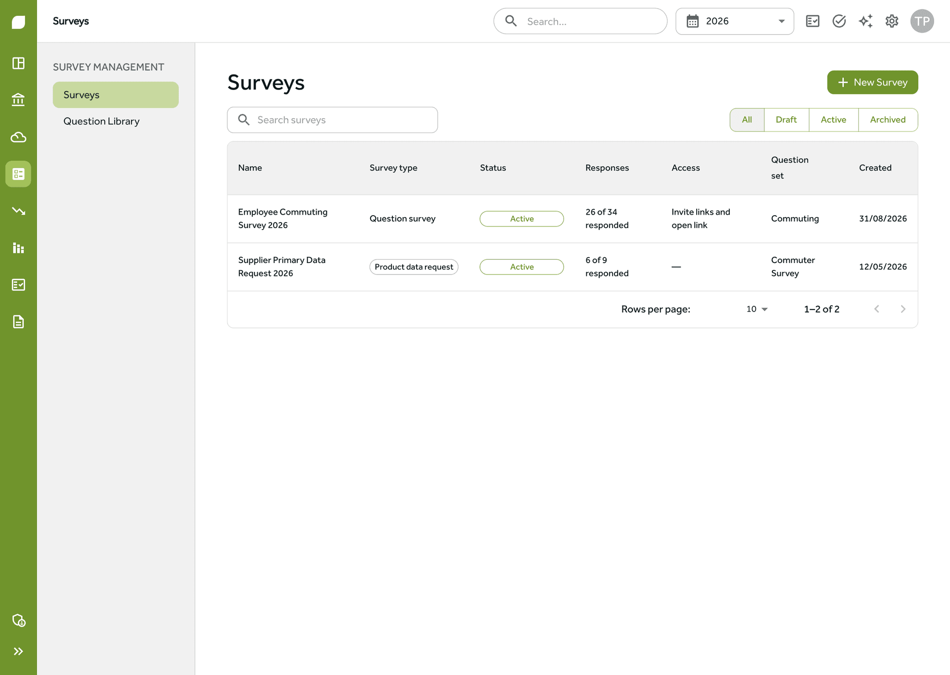 The survey list in Gaia showing an active supplier data request and an employee commuting survey with their response counts