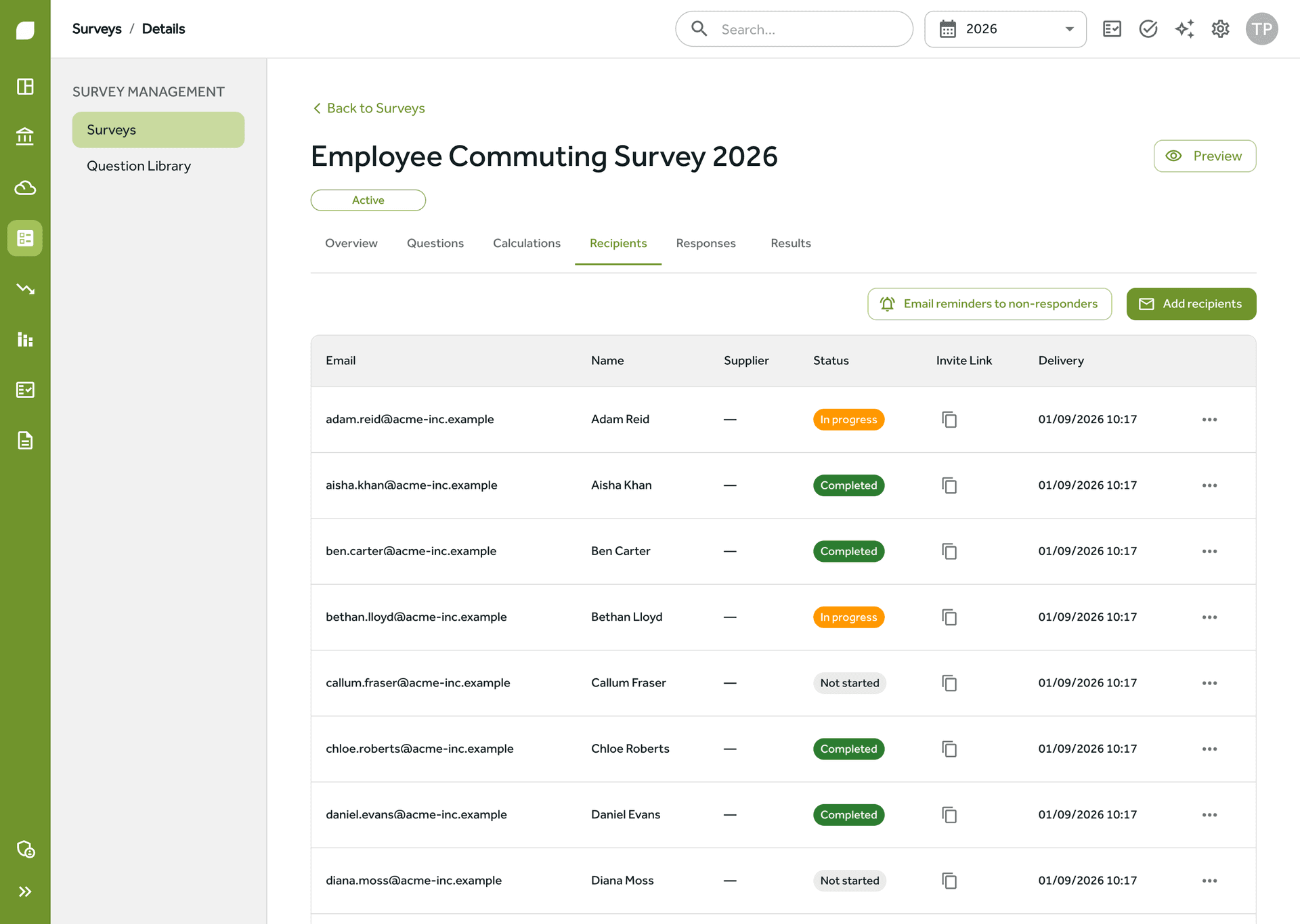 The recipients view of a survey in Gaia, each person showing a status of not started, in progress or completed, with a button to email reminders to non-responders