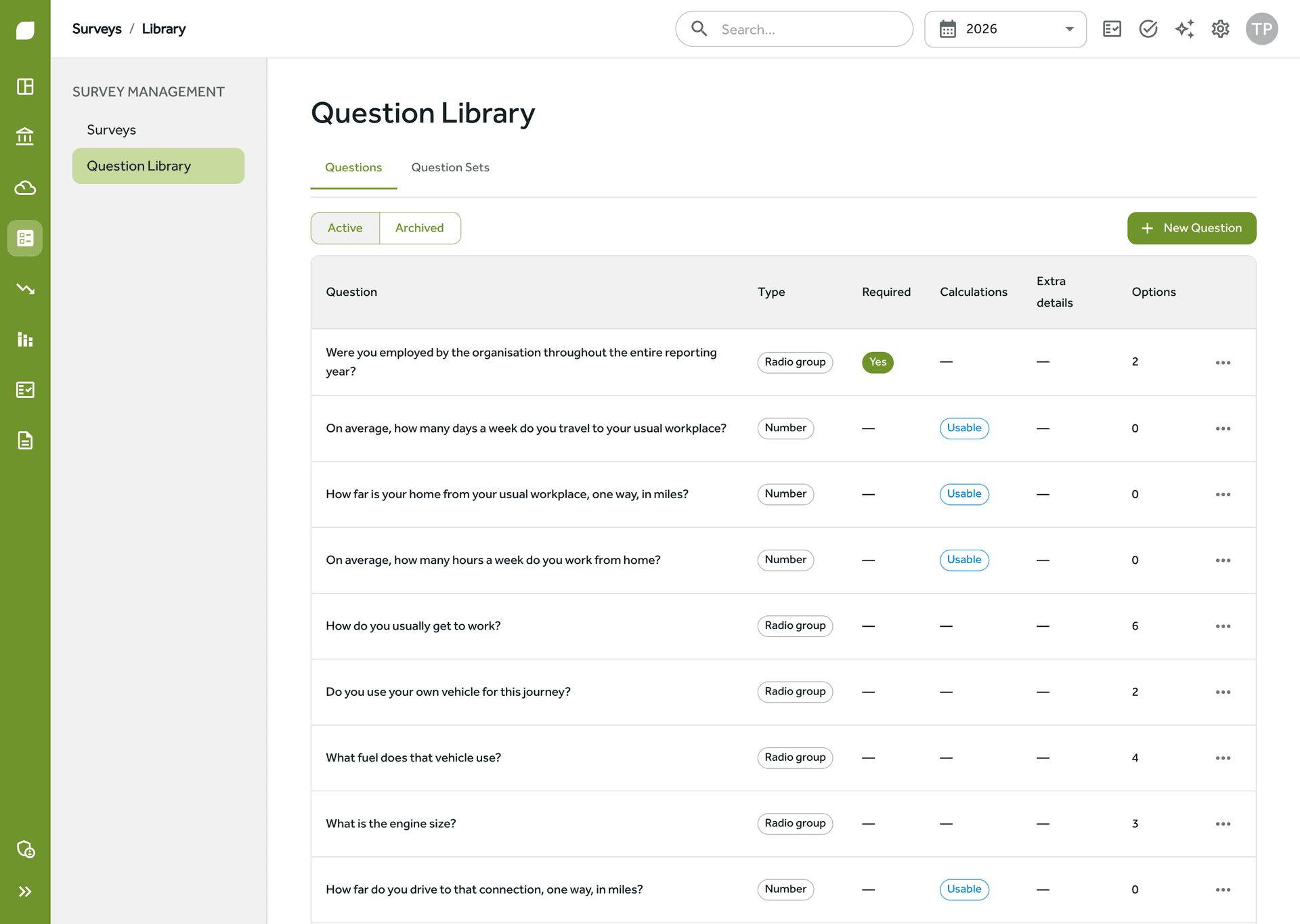 The question library in Gaia, a set of reusable commuting questions with their answer types and calculation flags
