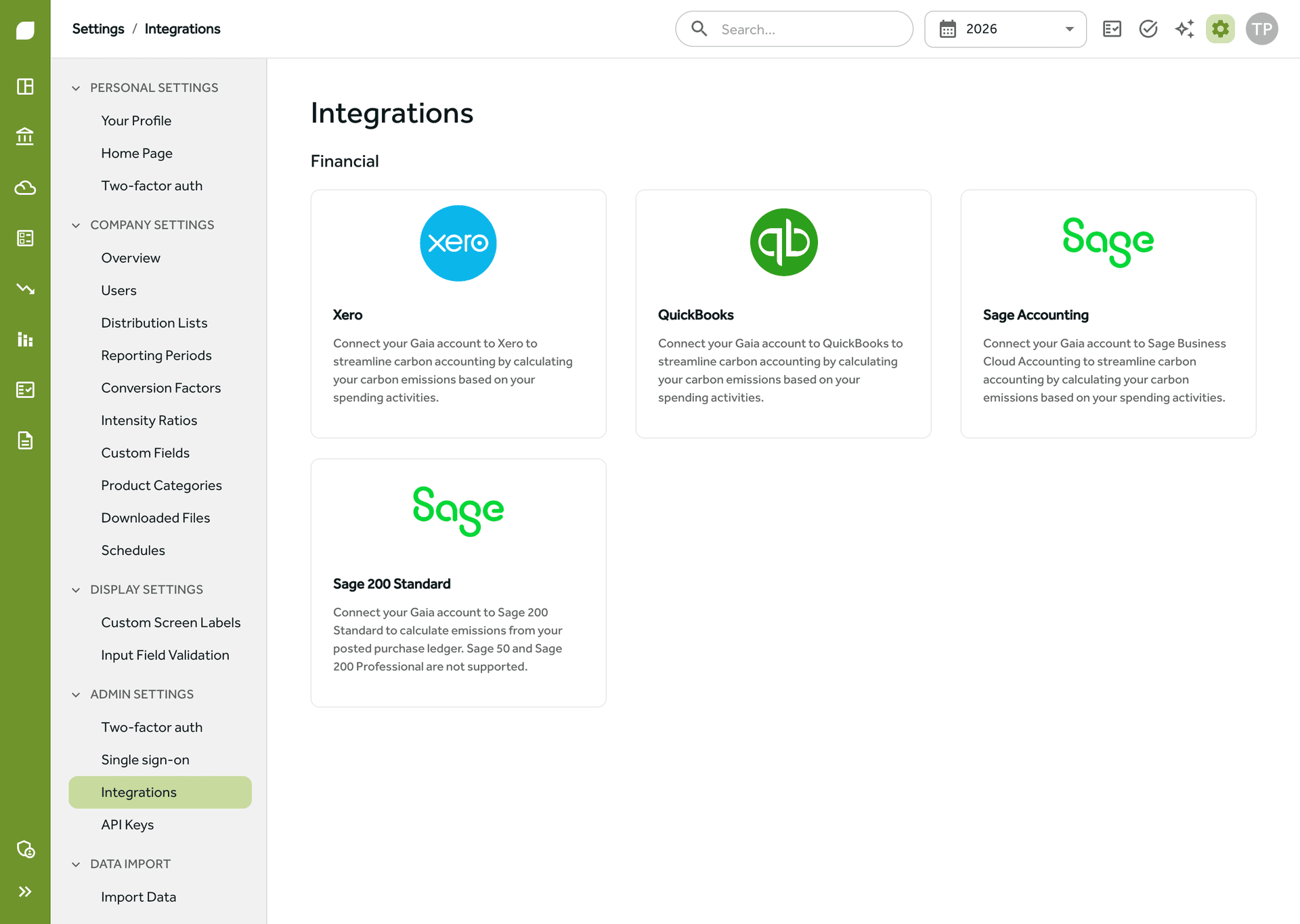 The integrations settings page in Gaia Carbon Accounting with Xero, QuickBooks and Sage accounting connections