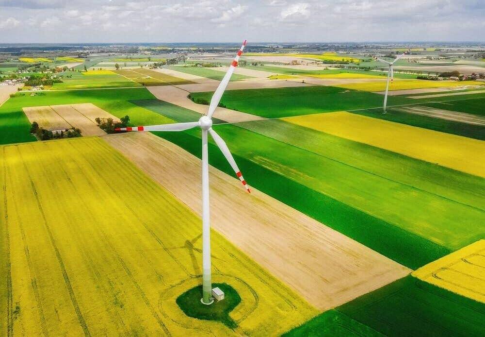 Wind turbines in fields