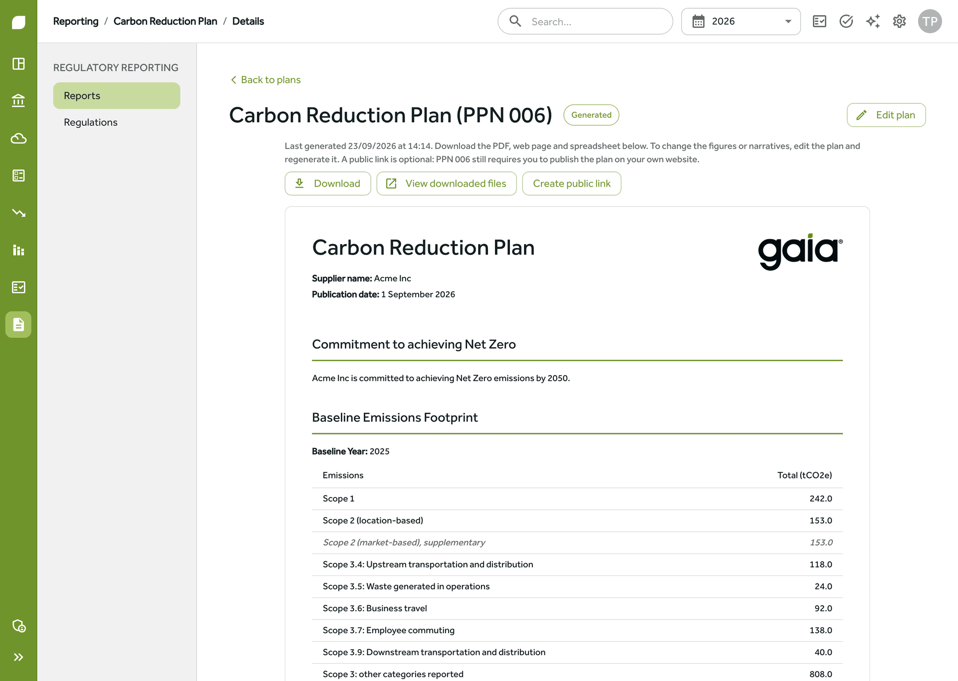 A generated PPN 006 Carbon Reduction Plan in Gaia Carbon Accounting, with download options and a public link