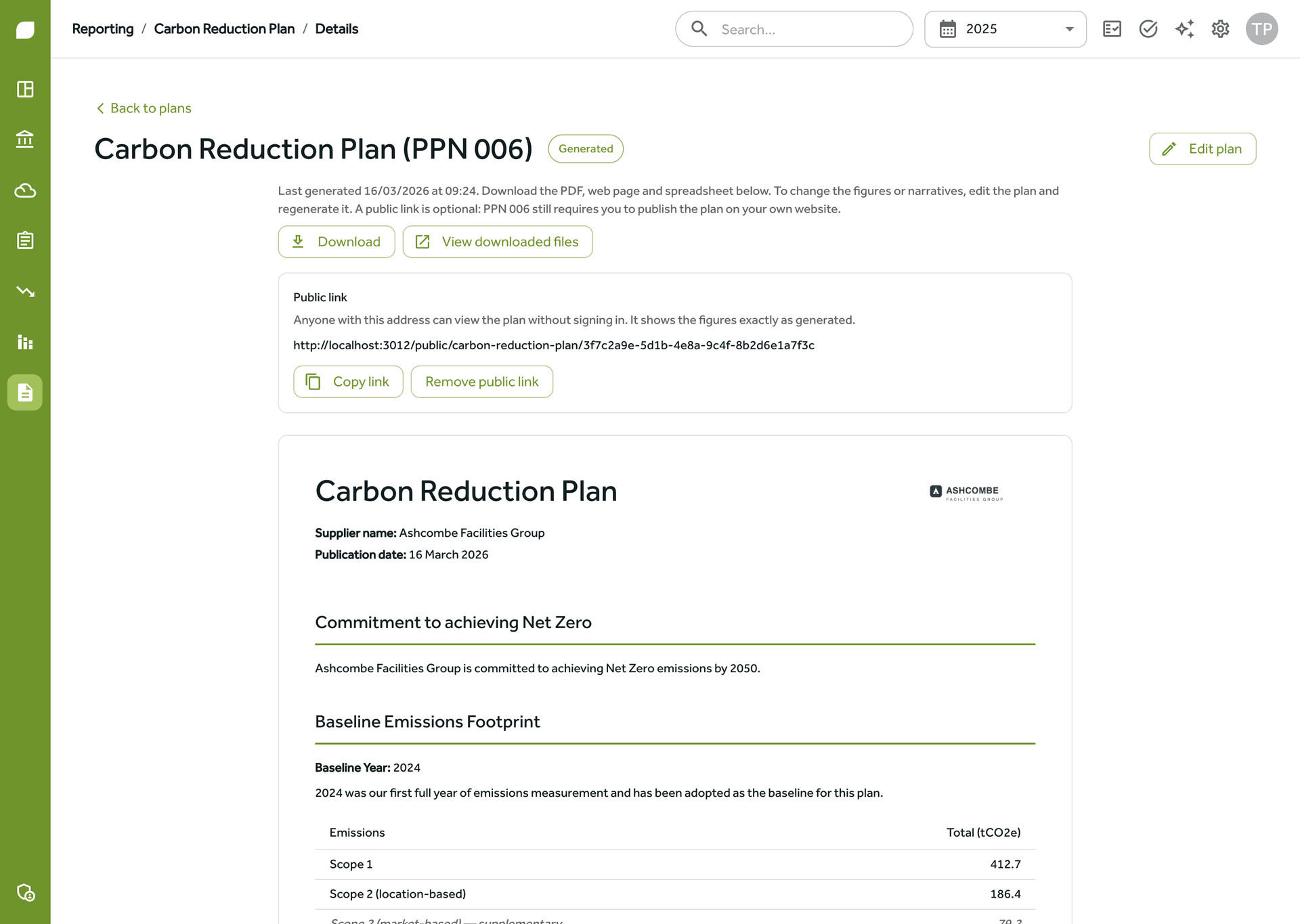 A generated PPN 006 Carbon Reduction Plan in Gaia Carbon Accounting, with download options and a public link