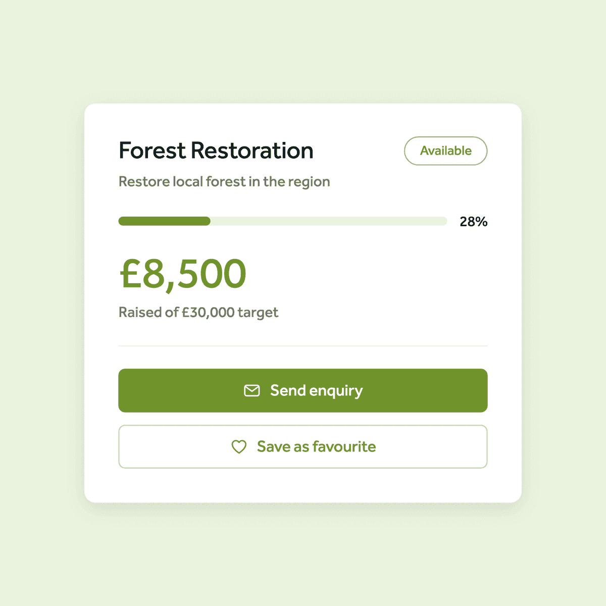 Gaia Enterprise project card for a forest restoration appeal showing £8,500 raised of a £30,000 target
