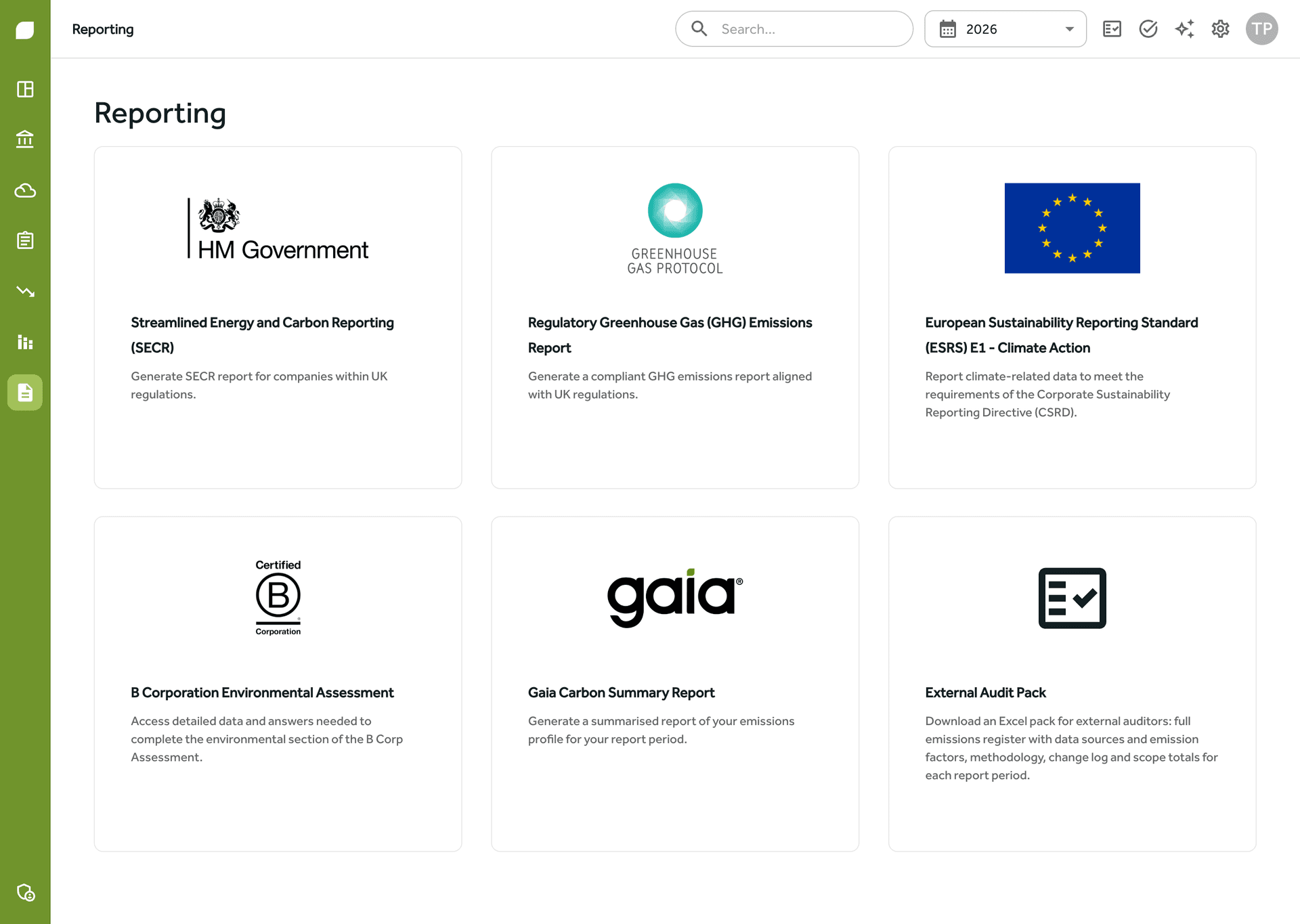 The reporting hub in Gaia Carbon Accounting, showing SECR, GHG Protocol, ESRS E1, B Corp and external audit pack reports ready to generate