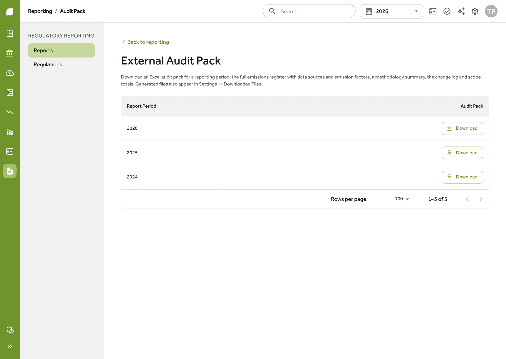 External audit pack in Gaia showing calculations, factors and evidence