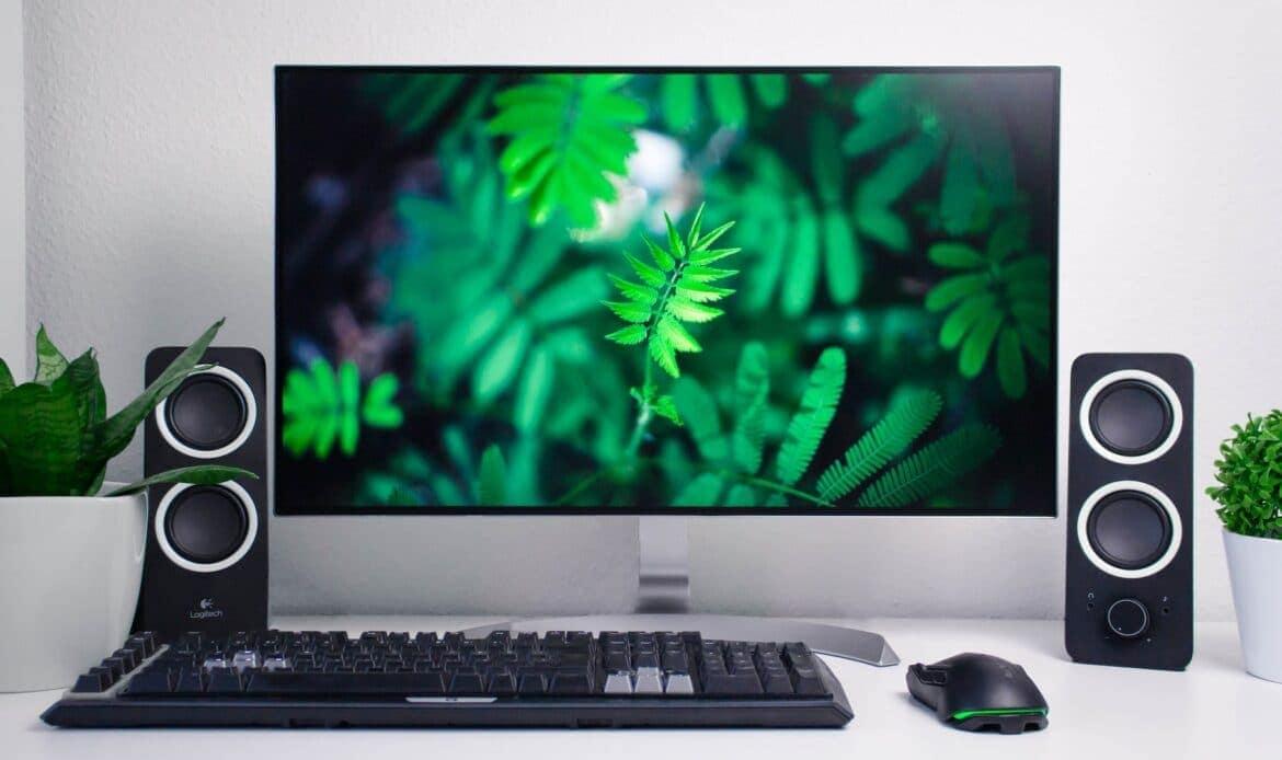 A PC with plants and tress on the screen