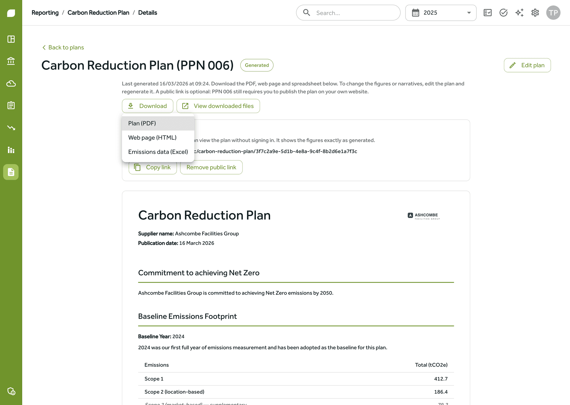 Downloading a Carbon Reduction Plan as PDF, web page or Excel from Gaia Carbon Accounting