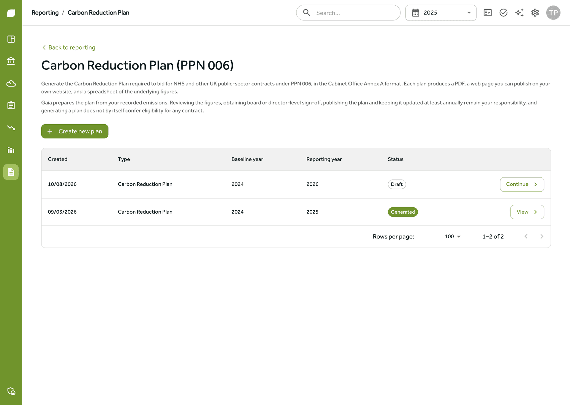 The Carbon Reduction Plan list in Gaia showing a generated plan and a draft annual update
