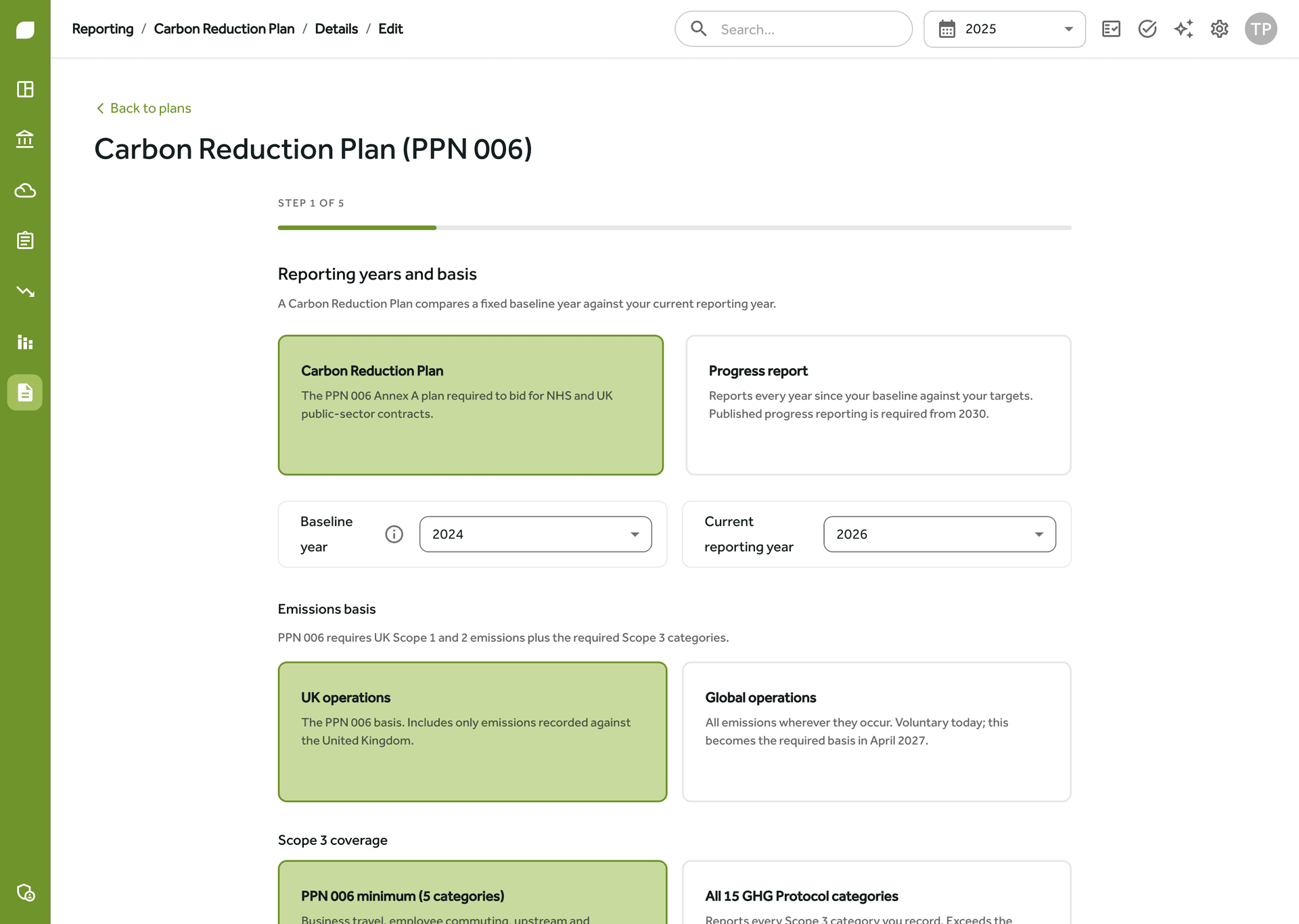 The Carbon Reduction Plan wizard in Gaia, choosing baseline year, current reporting year, UK emissions basis and PPN 006 Scope 3 coverage