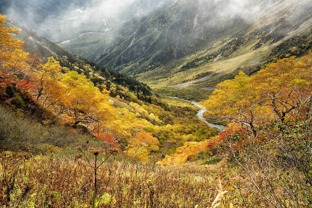 A valley with a stream at the bottom