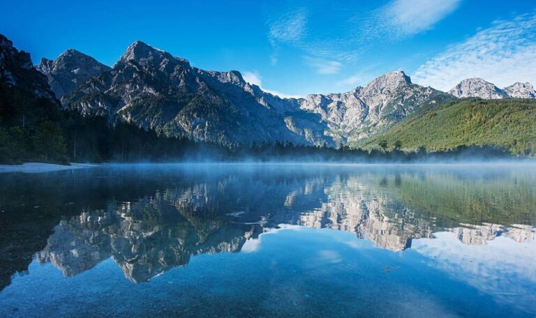 A clear lake and mountains