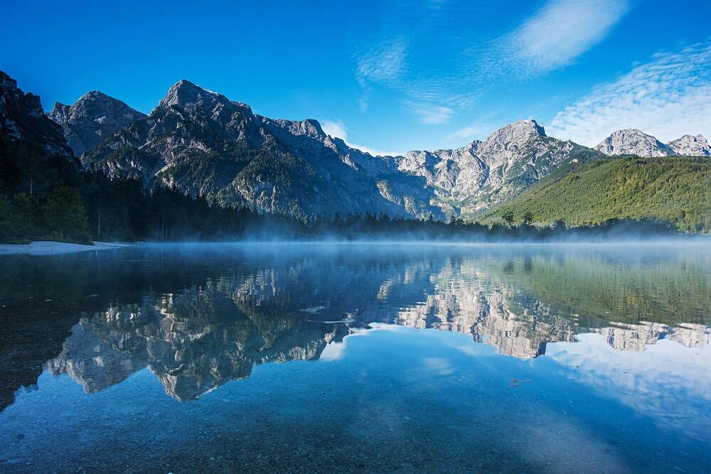 A clear lake and mountains