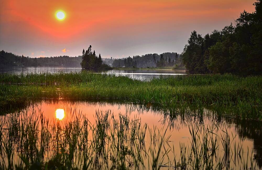 A wetland with a sunset above it