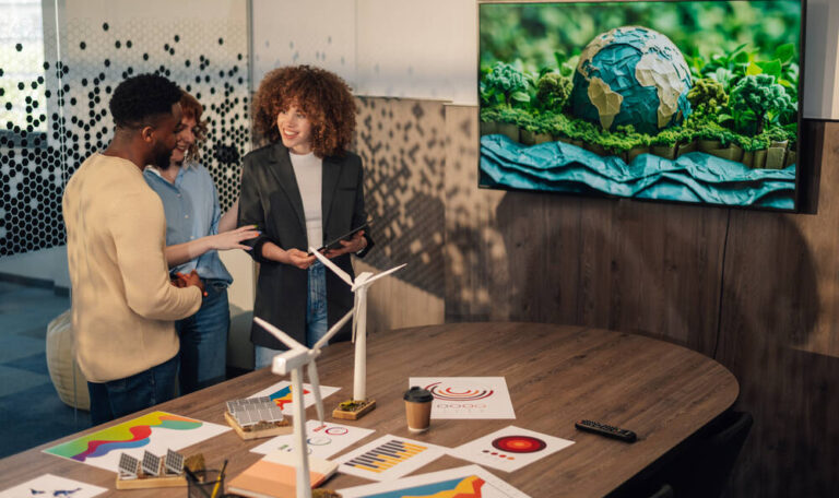 A meeting with a green planet on a TV screen