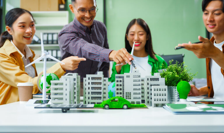 Meeting with a green city model on the table