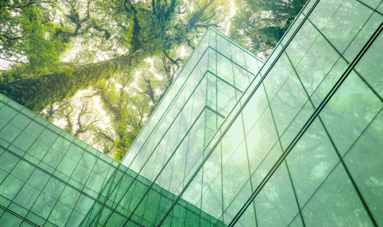 Eco-friendly building with trees