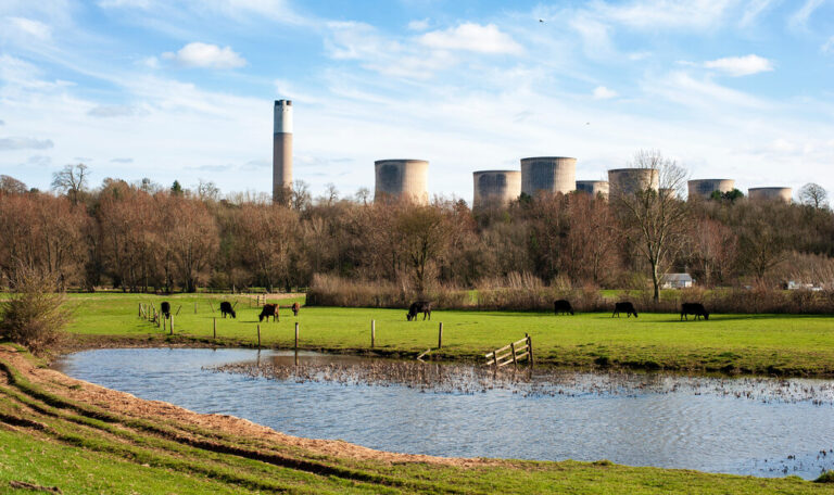 A lake and grass with a power plant in the distance