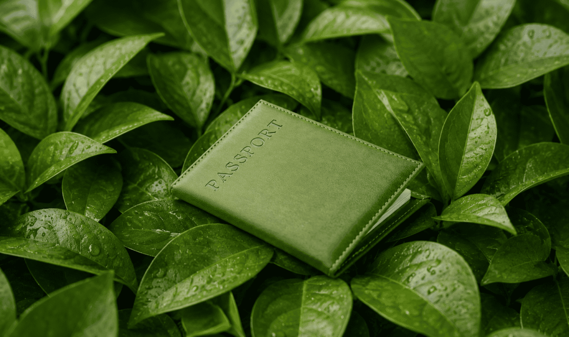A passport on top of leaves
