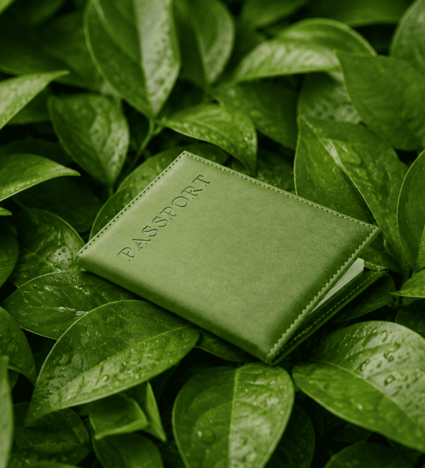 A passport on top of leaves