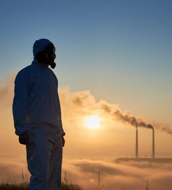 Scientist wearing a white coverall and gas mask standing bfore smoking pipes of thermal power plant